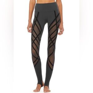 Alo Yoga High Waist Wrapped Stirrup Leggings in Charcoal gray and black ribbons